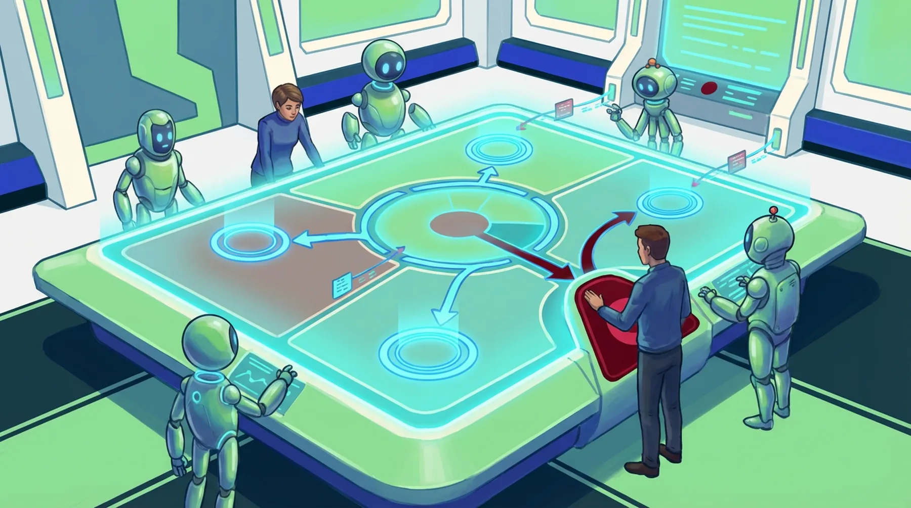 Humans and agents at a round collaboration table with holographic routing and delegation UI