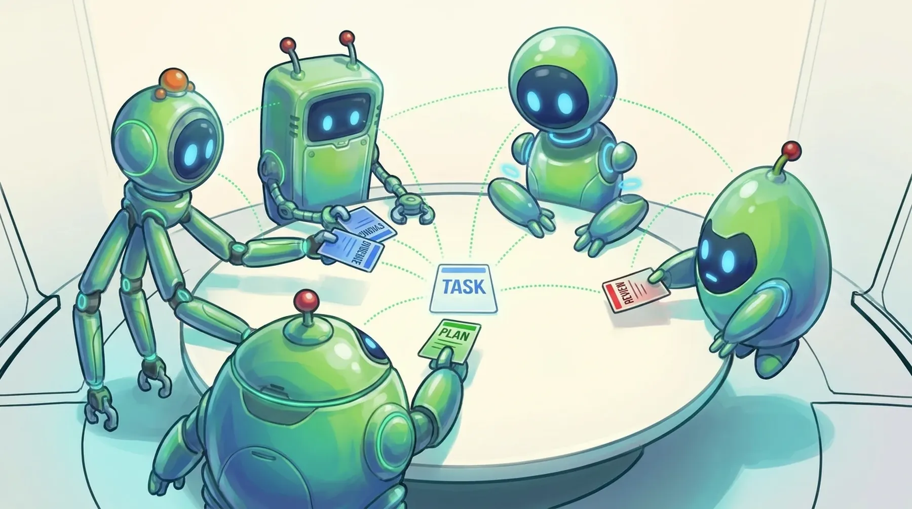 Five green BAND mascot robots gather around one round table, all focused on a central TASK card while passing PLAN, EVIDENCE and REVIEW cards between them, linked by dotted green lines.