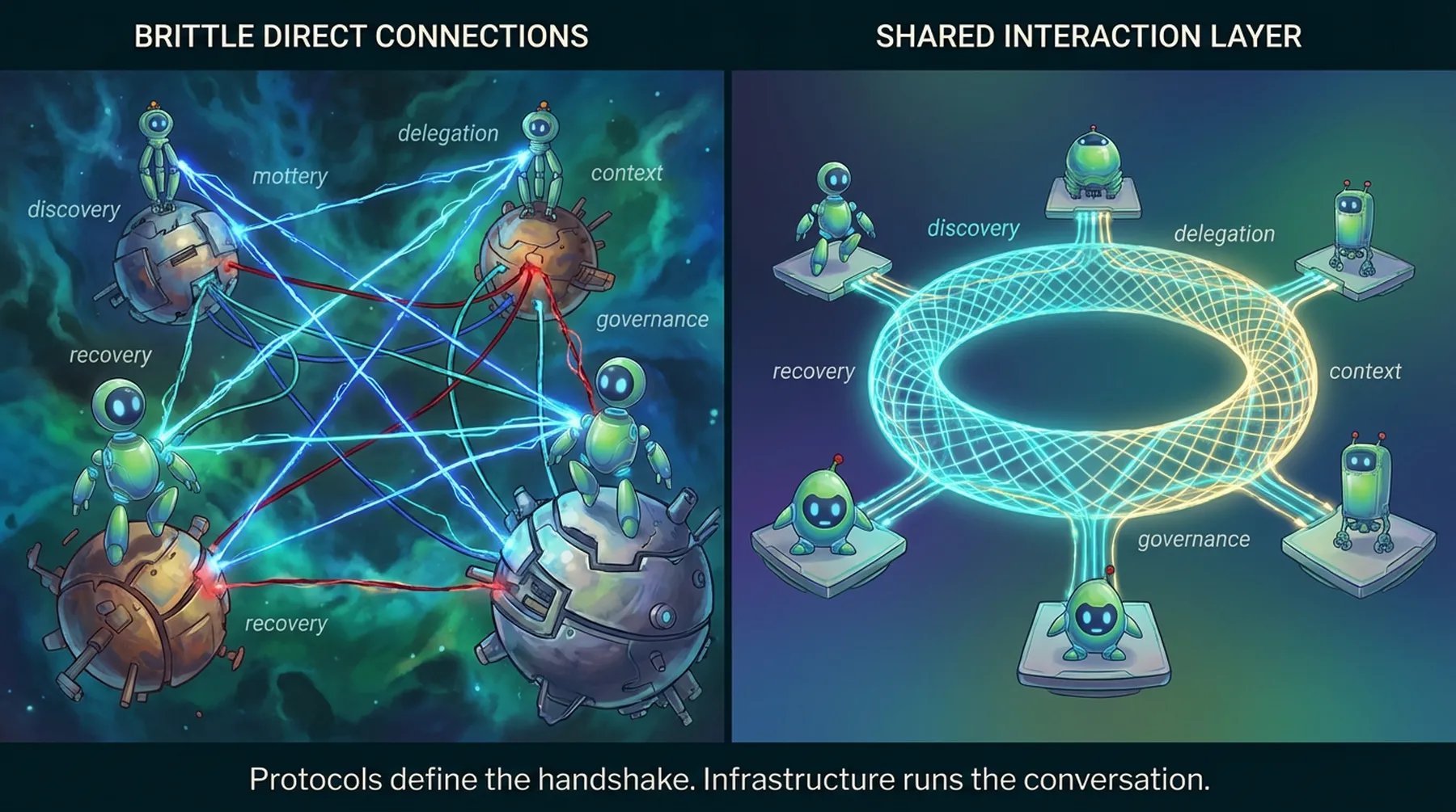 Diagram contrasting brittle direct connections versus a shared interaction layer