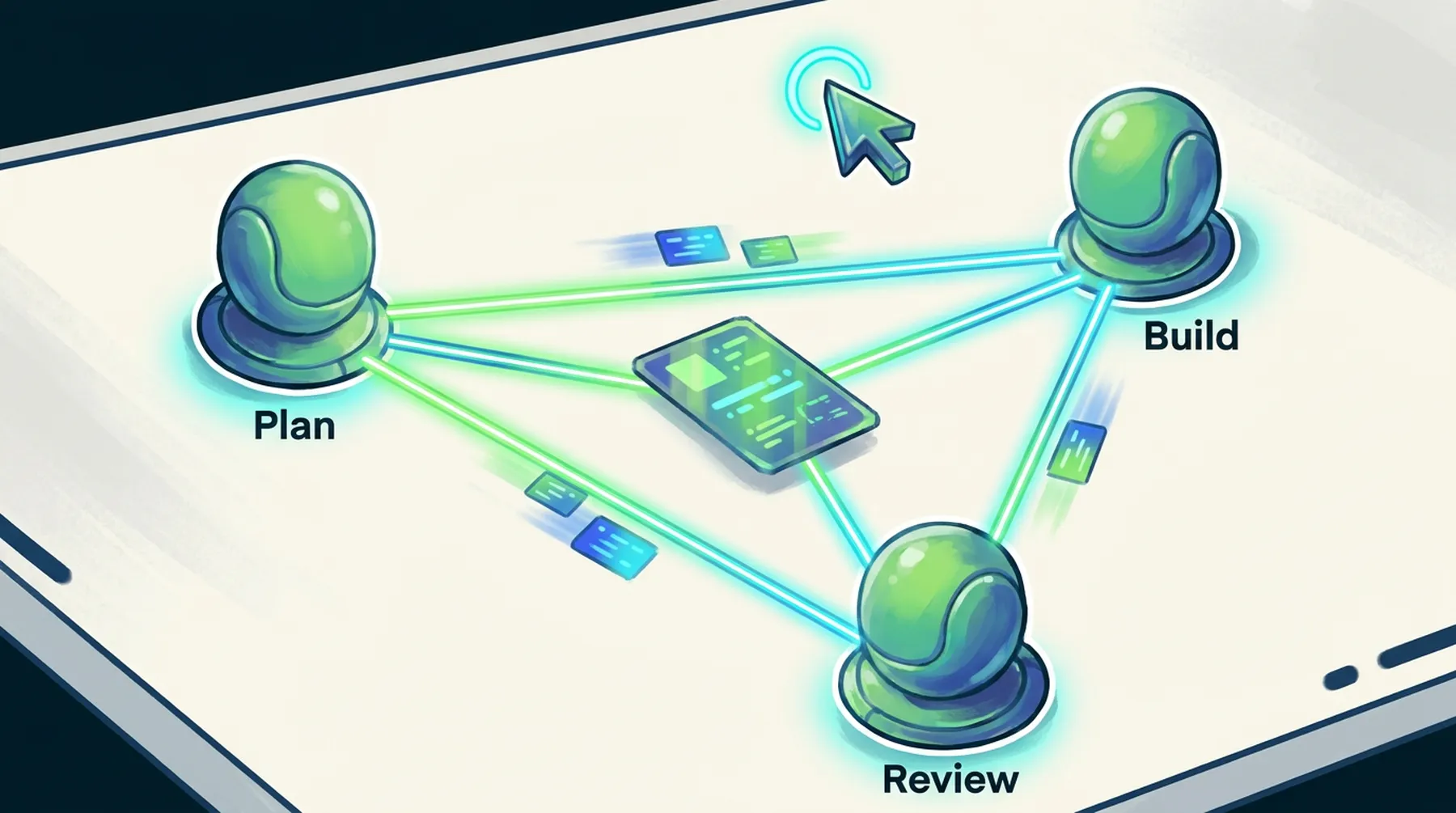 Three BAND agents labeled Plan, Build and Review linked directly to each other around a shared plan, with the developer's cursor overseeing
