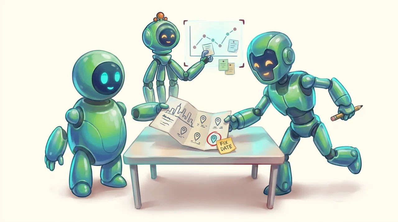 Three green BAND robots at a table: the Checker hands a day plan back to the Planner with one stop circled and a FIX DATE note, while Scout pins cards to a graph board