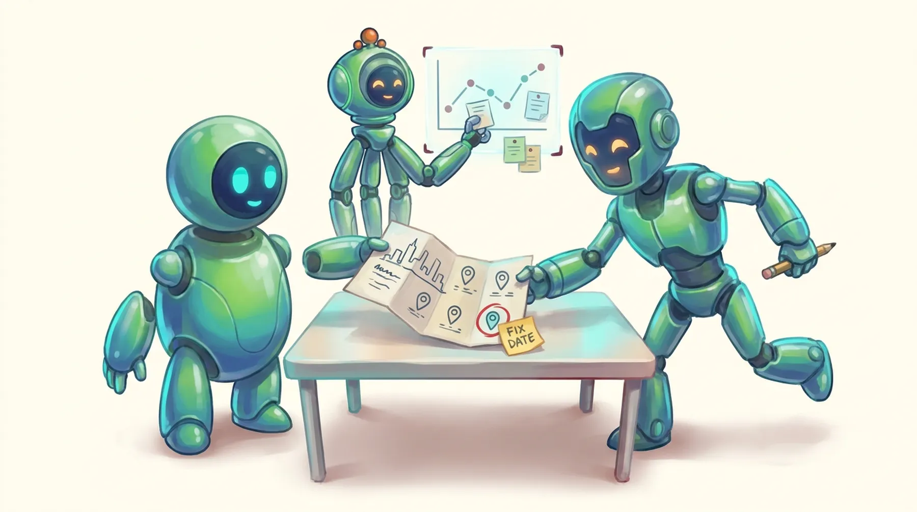 Three green BAND robots at a table: the Checker hands a day plan back to the Planner with one stop circled and a FIX DATE note, while Scout pins cards to a graph board