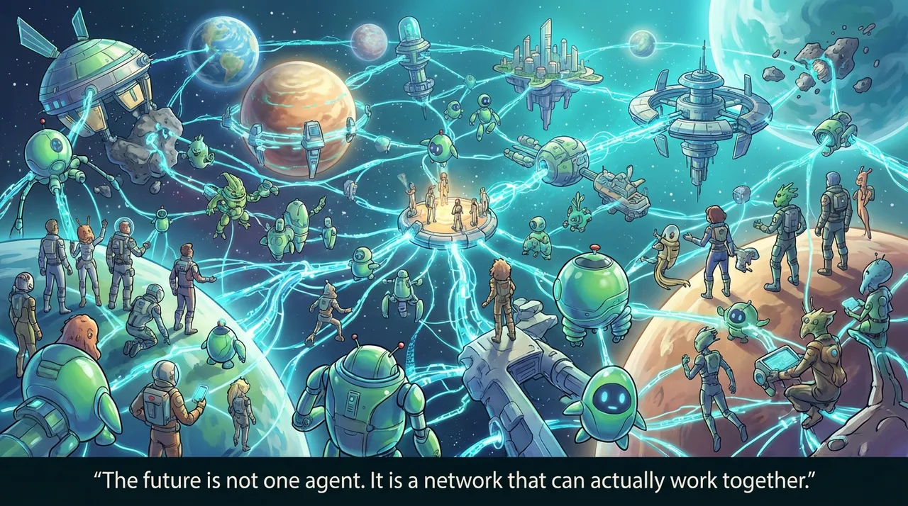 A network of humans and agents across planets connected by light