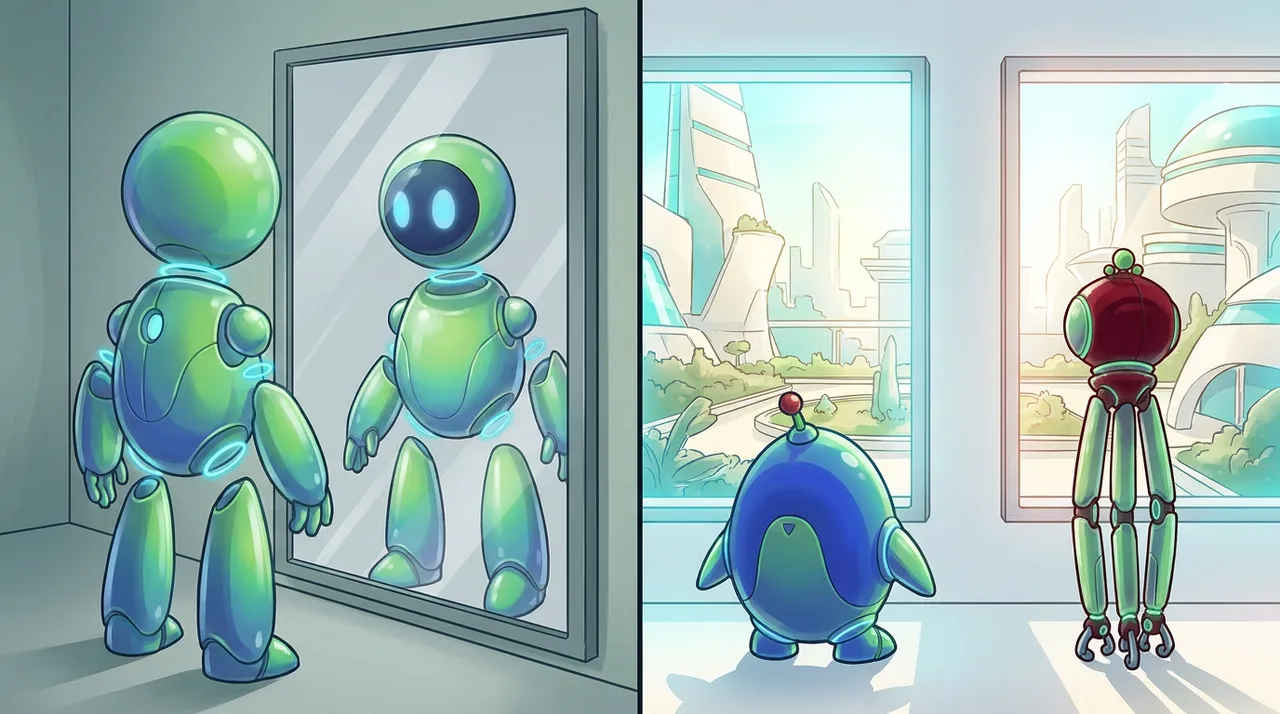 Split illustration: a robot facing its mirror reflection on the left, and two distinct robots looking through different windows on the right - echo chamber versus cross-model dialogue.