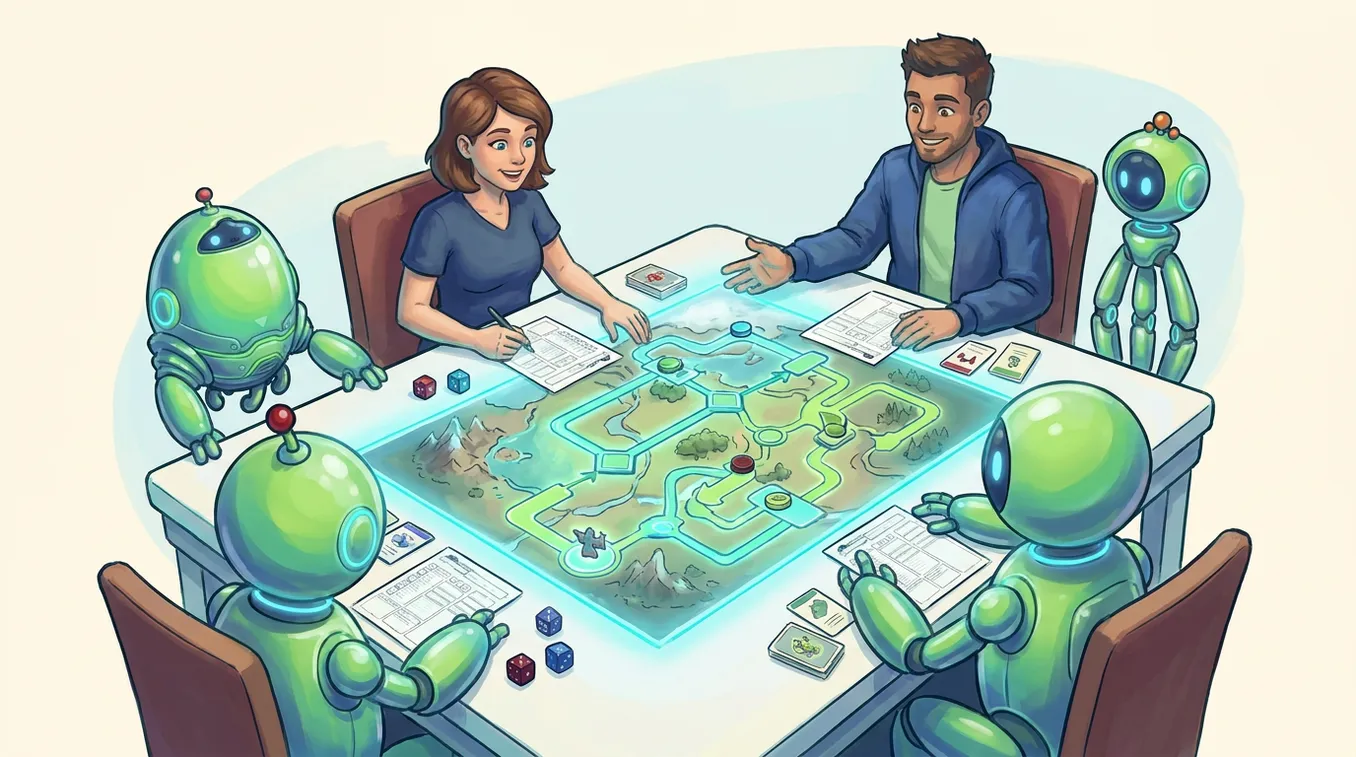 Humans and AI agents collaborating around a tabletop roleplaying map