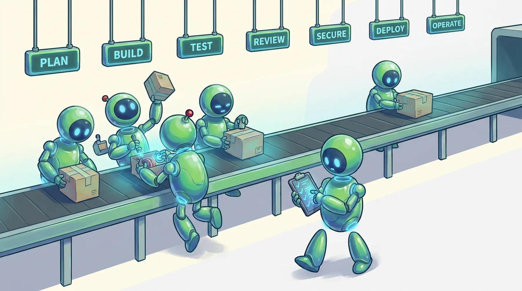 BAND robots working along a conveyor belt with stations for each SDLC stage, crowded at Build and Test