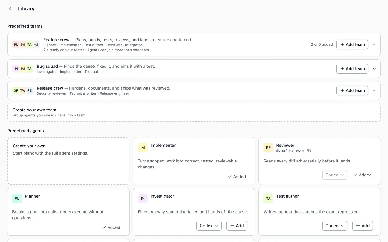 Predefined teams of agents, ready in one click