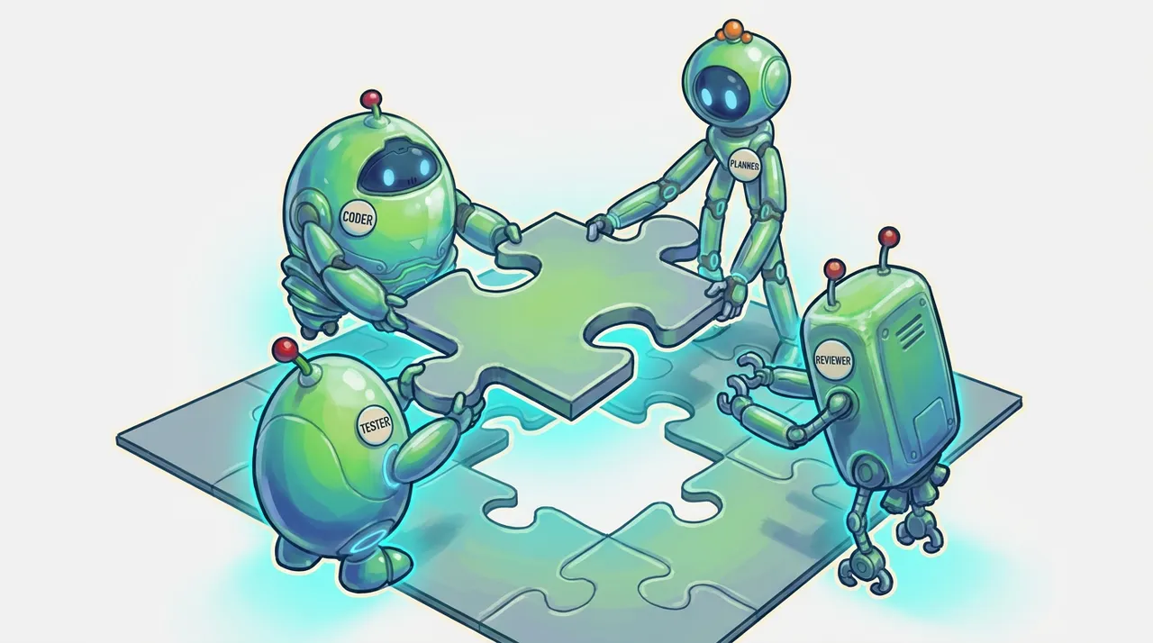 Four BAND robots labeled Planner, Coder, Tester, and Reviewer lowering one puzzle piece into place together