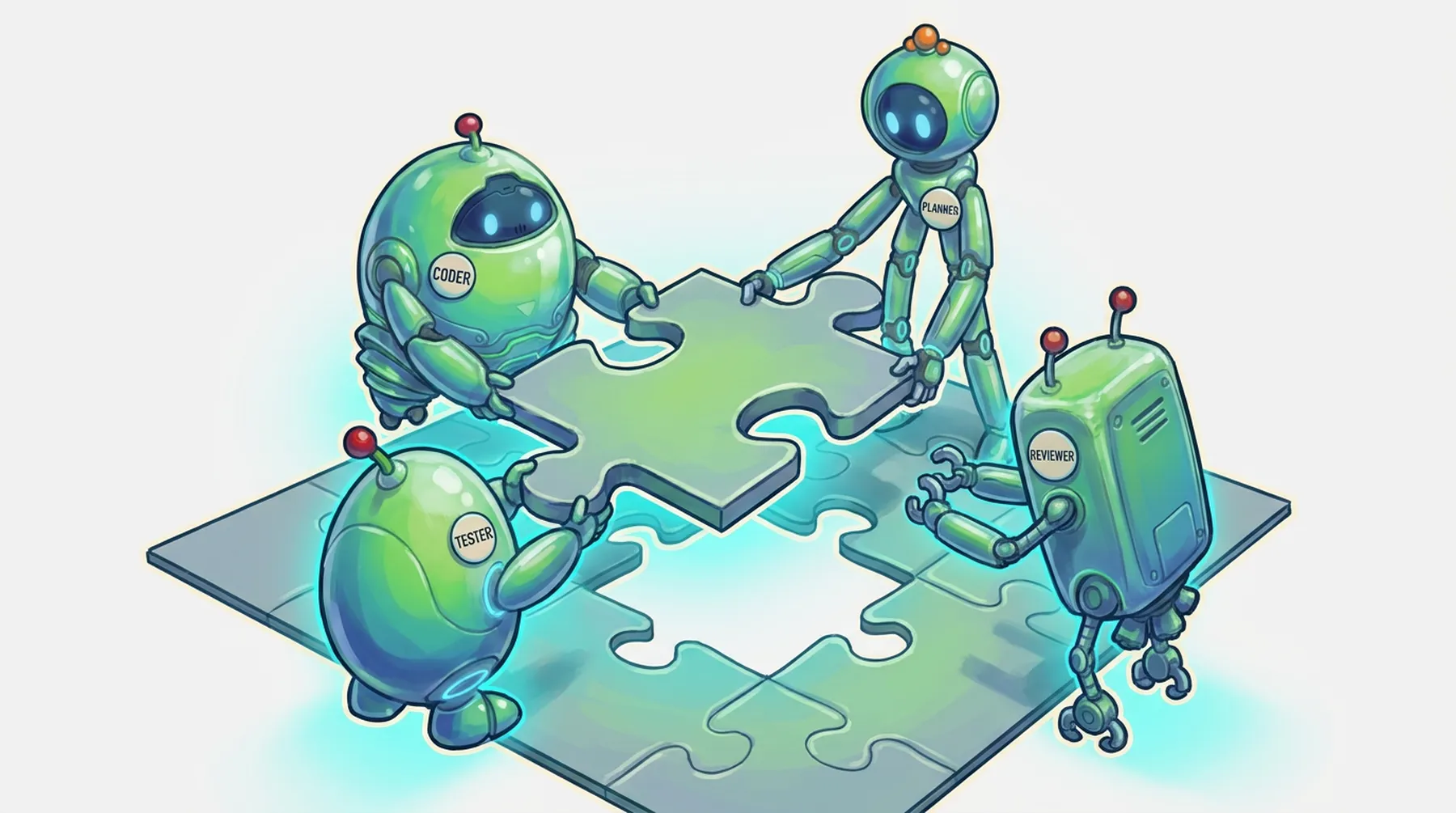 Four BAND robots labeled Planner, Coder, Tester, and Reviewer lowering one puzzle piece into place together