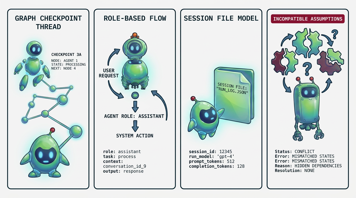 Several code and state models side by side, showing incompatible assumptions hidden inside different frameworks.