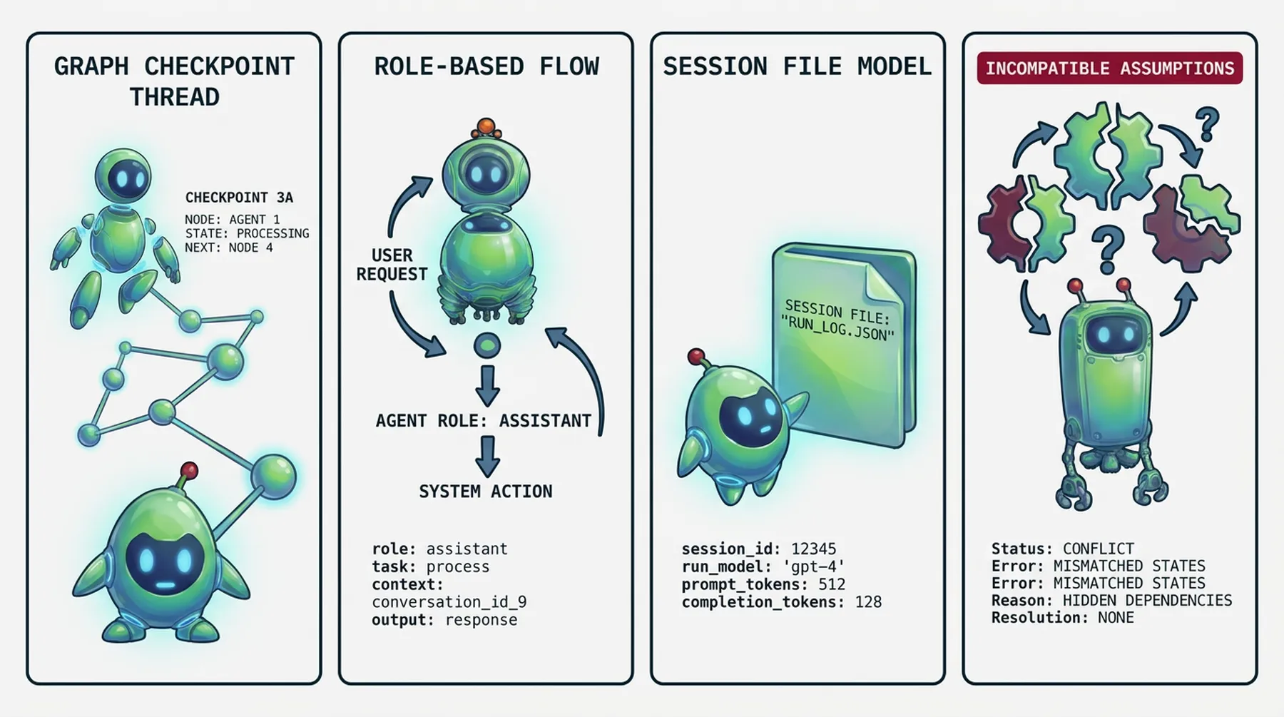 Several code and state models side by side, showing incompatible assumptions hidden inside different frameworks.