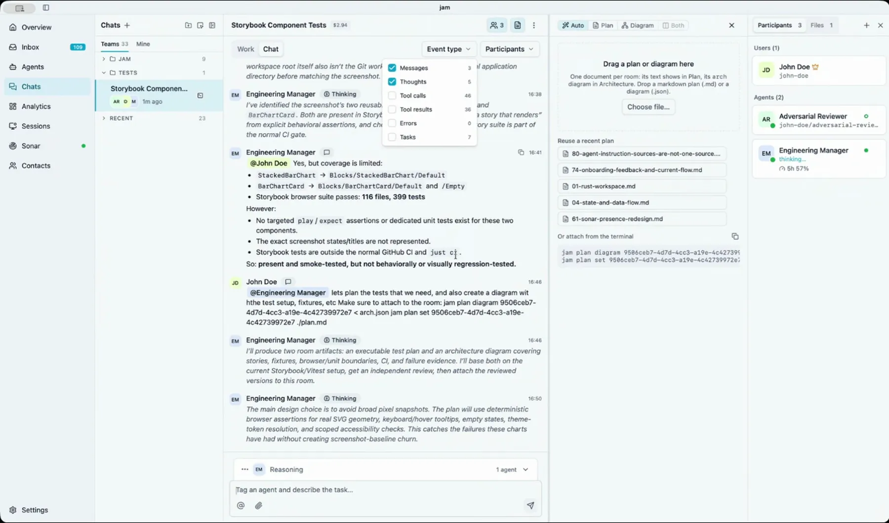 Jam room showing chat, participants, files, and planning controls beside active coding-agent work.