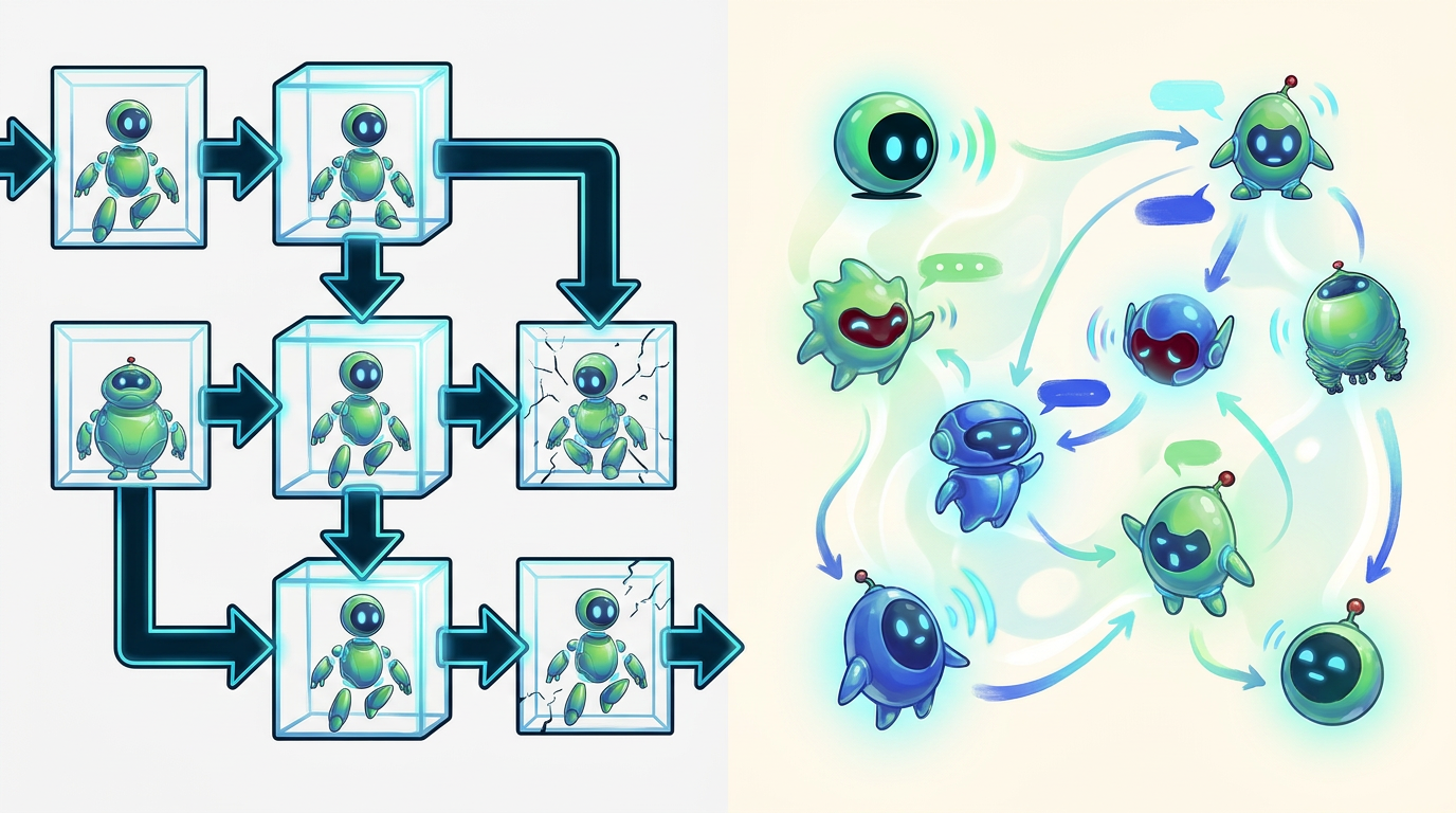 Rigid agent pipelines contrasted with flexible multi-agent conversation.