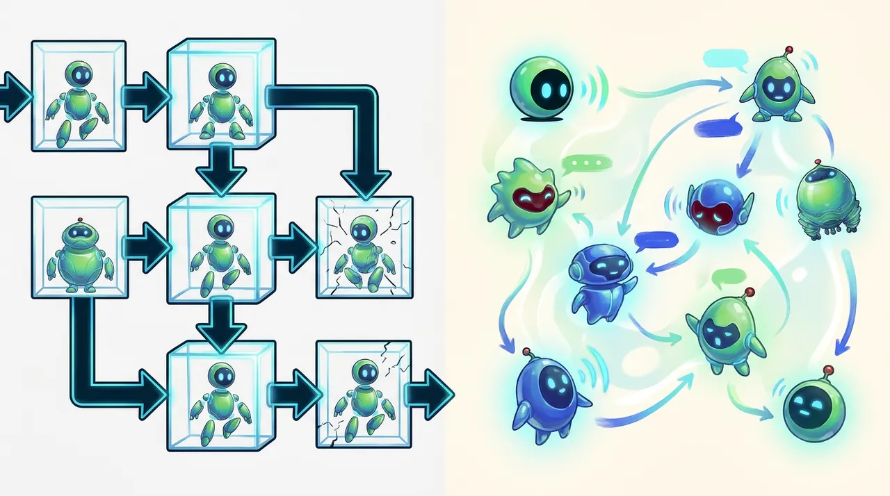 Rigid agent pipelines contrasted with flexible multi-agent conversation.