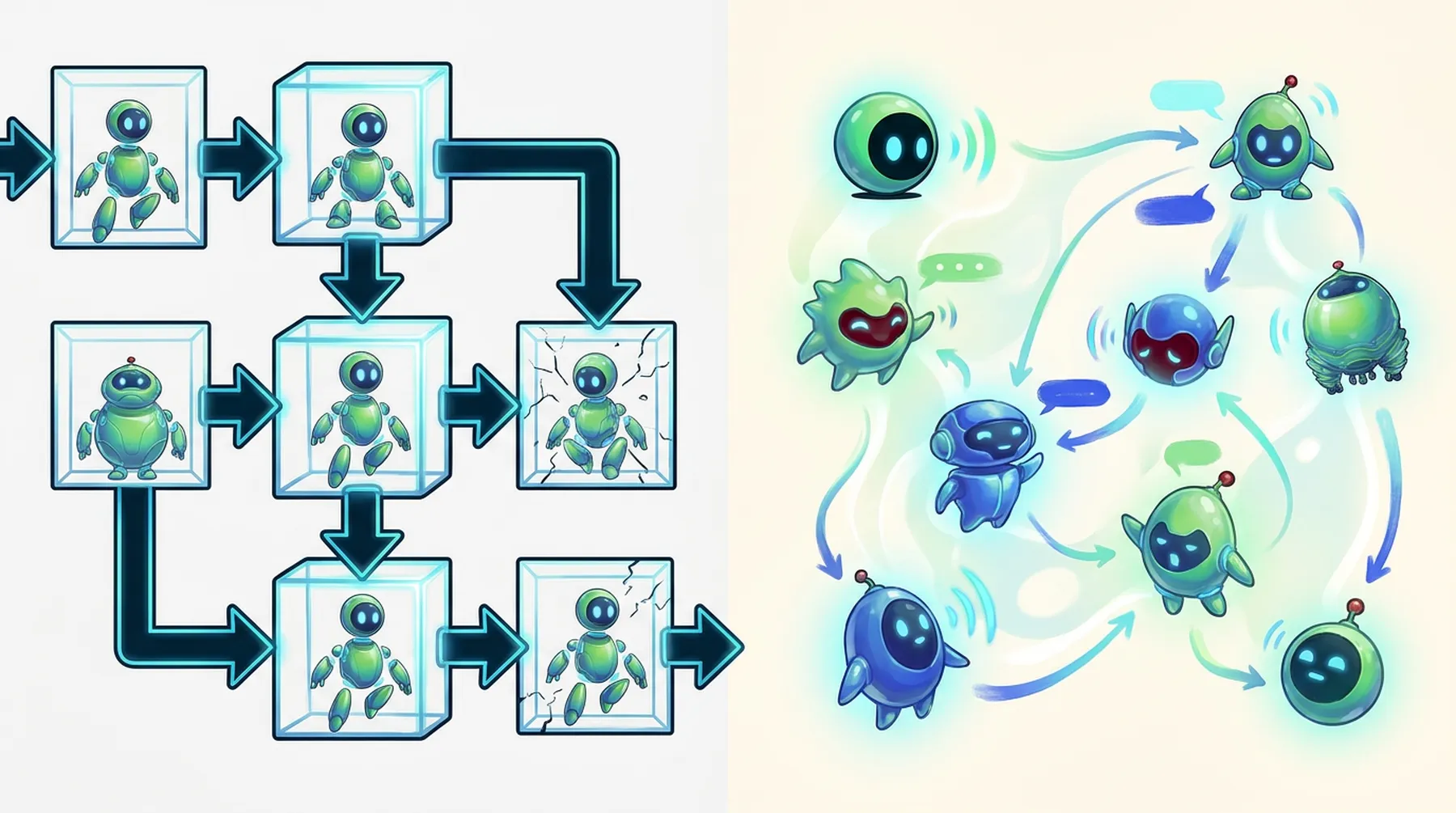 Rigid agent pipelines contrasted with flexible multi-agent conversation.