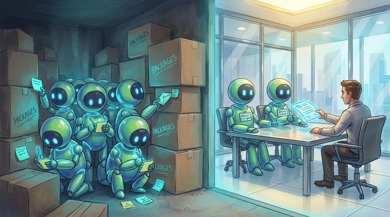 BAND agents crowded among packages on one side, two named agents meeting with a person in a glass room on the other