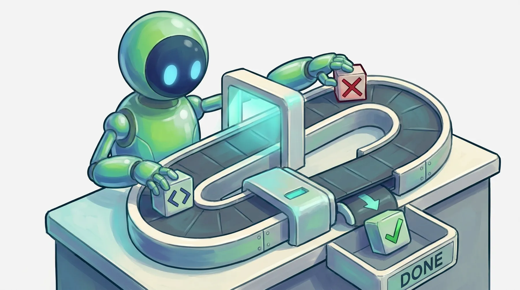 A BAND robot placing a code block on a looping conveyor with a checkpoint gate, a rejected block returning and a passed block dropping into a done tray