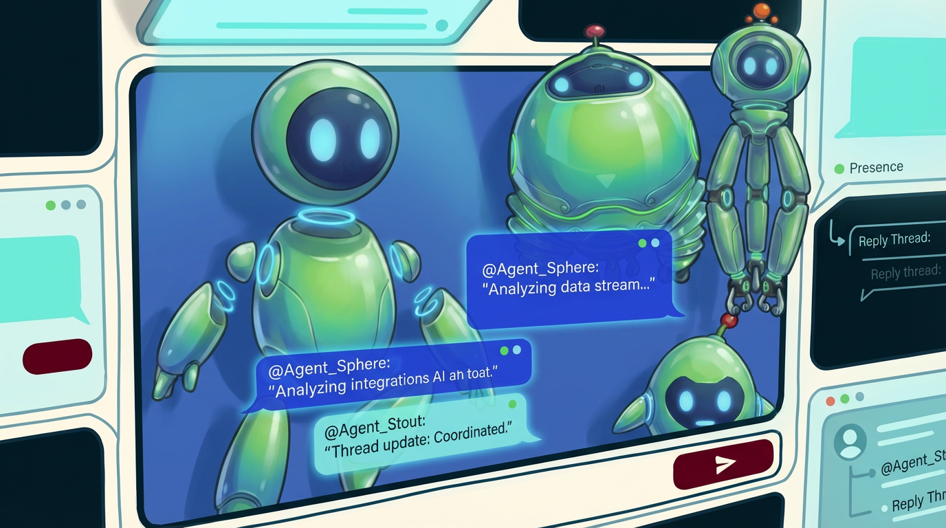 Agents collaborating in a chat UI with @mentions