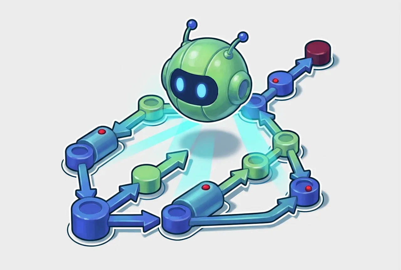 Central green robot projecting a directed acyclic graph of agent nodes