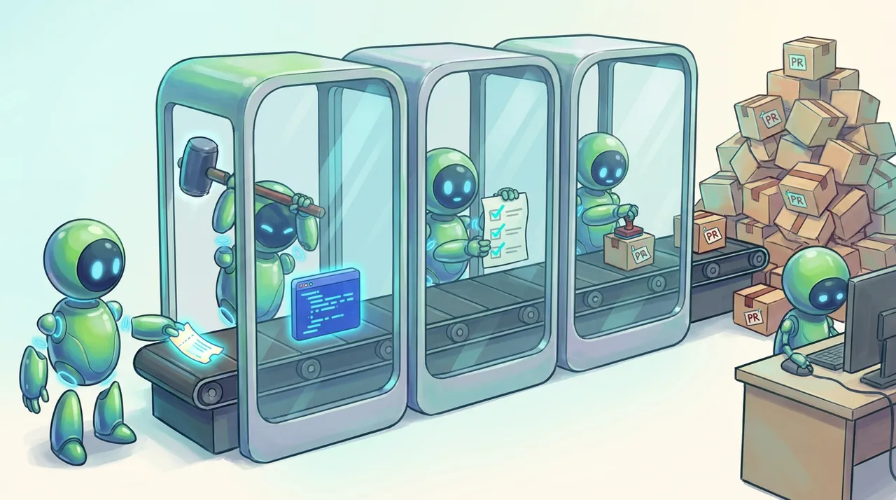 Robots in glass booths along a conveyor belt pass PR boxes toward a reviewer's desk piled high