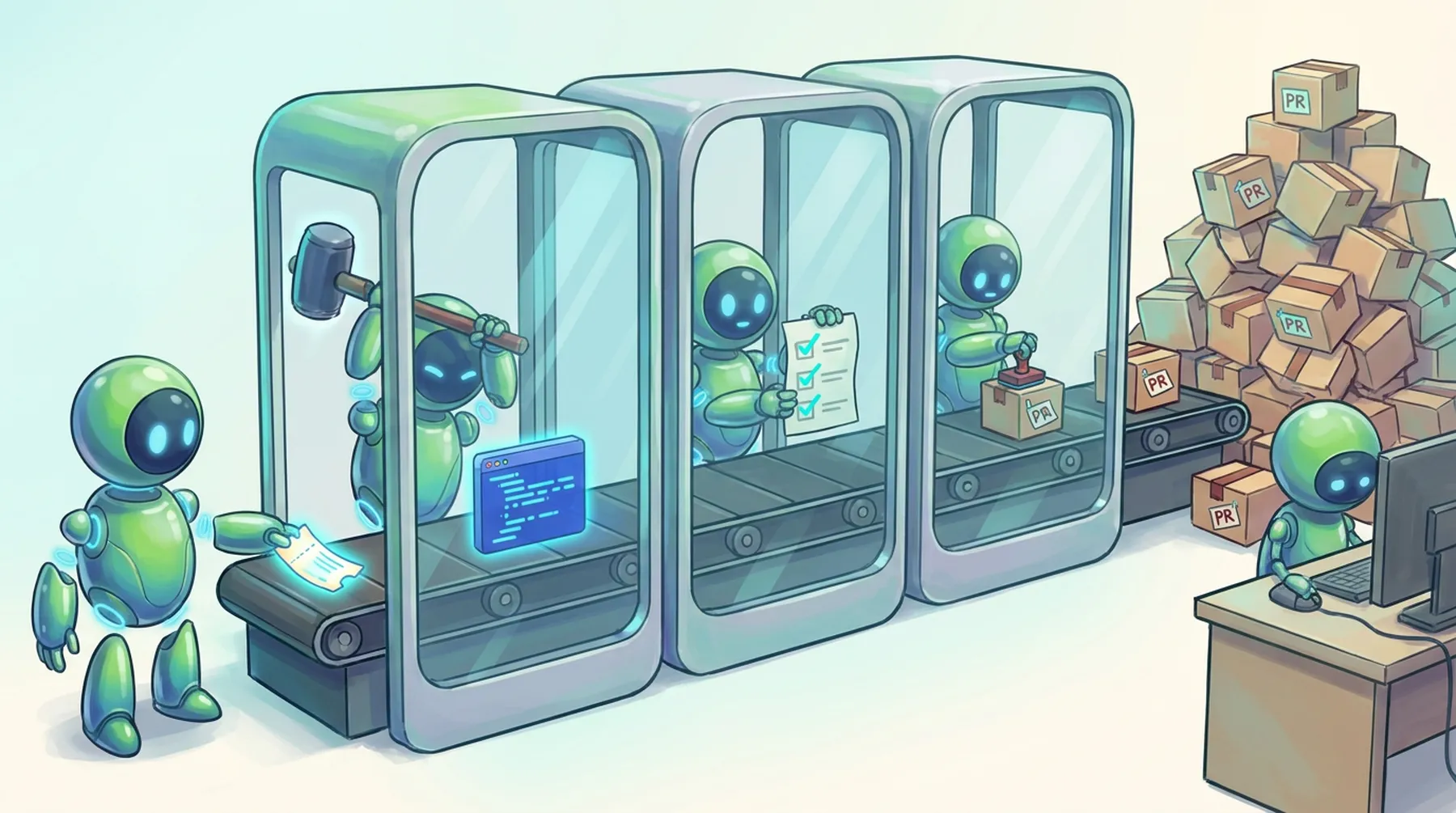 Robots in glass booths along a conveyor belt pass PR boxes toward a reviewer's desk piled high