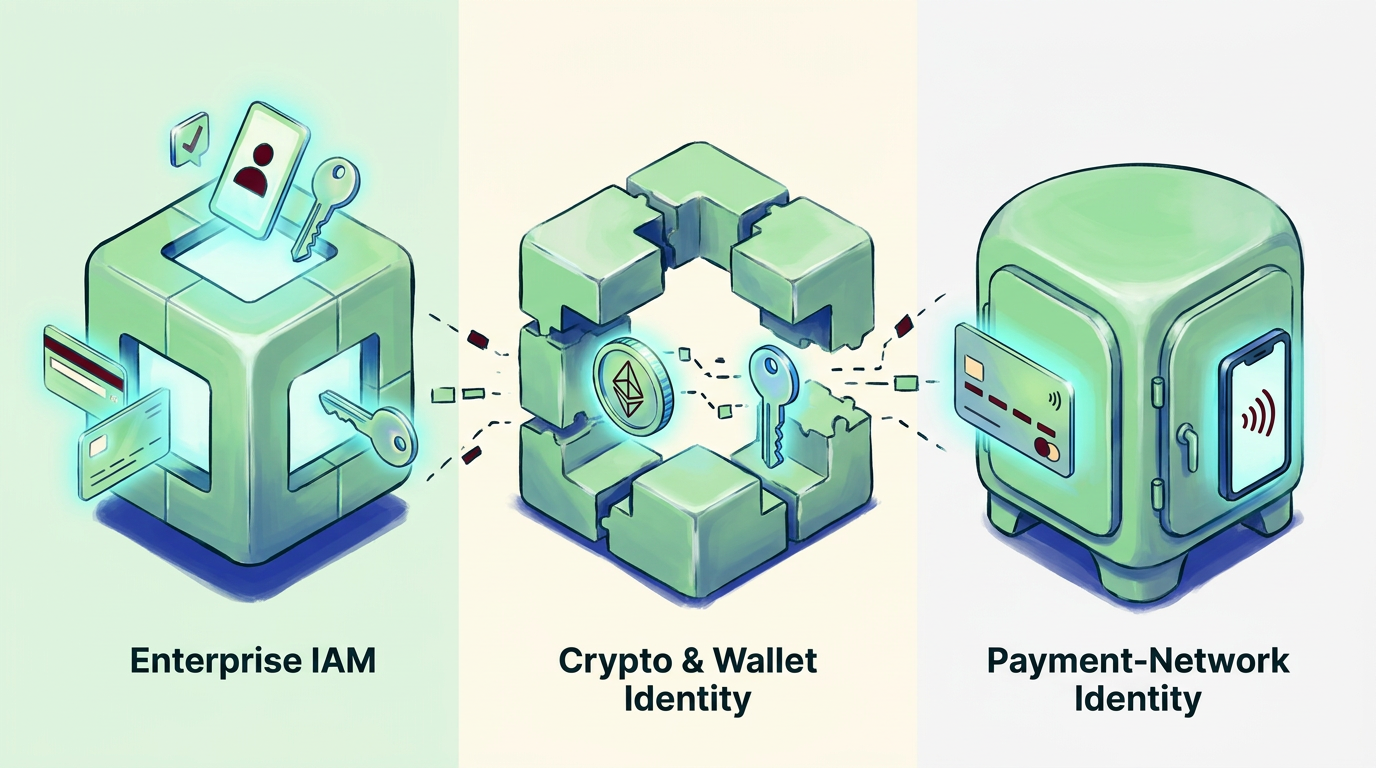 Three incompatible identity systems rendered side by side, showing fragmented agent identity across ecosystems.