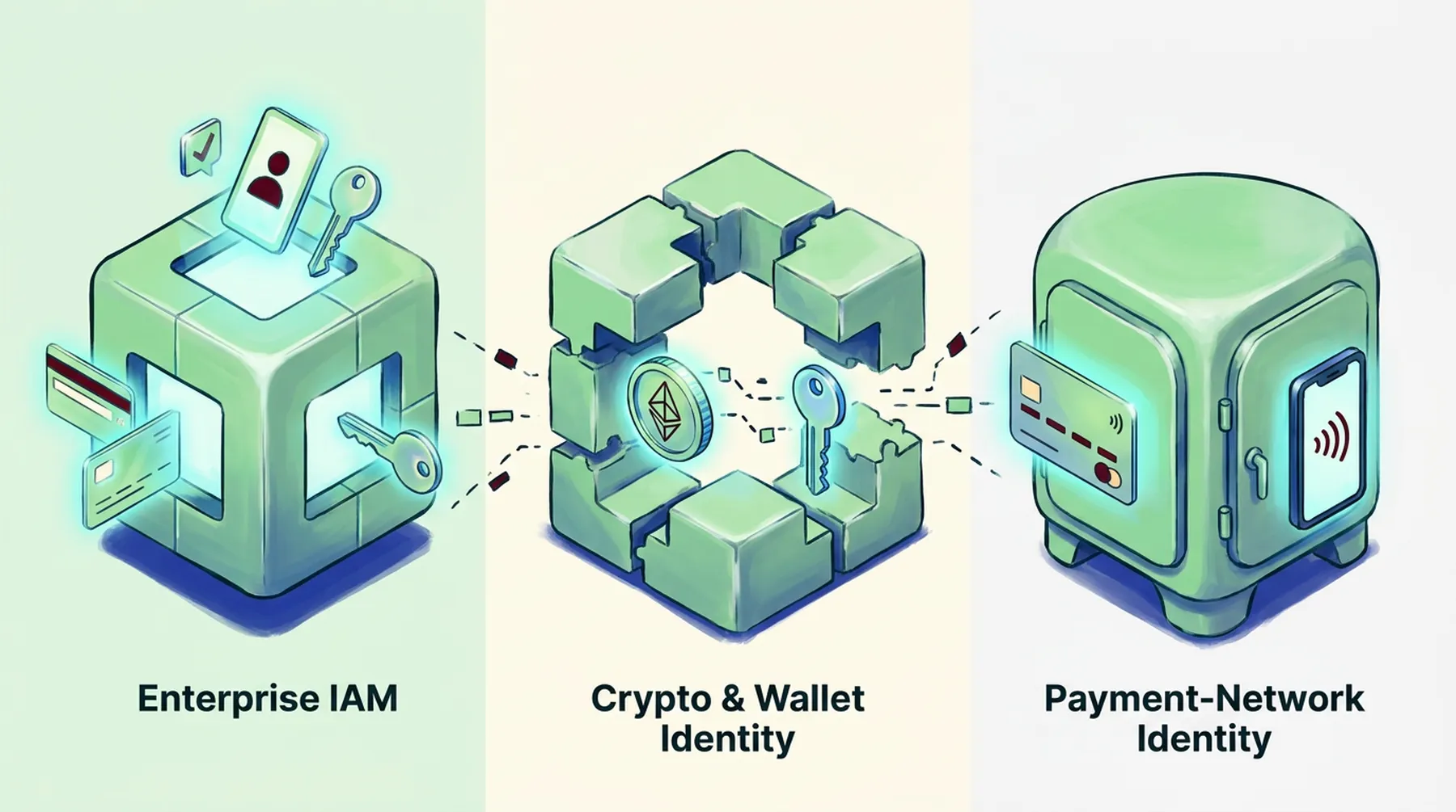 Three incompatible identity systems rendered side by side, showing fragmented agent identity across ecosystems.