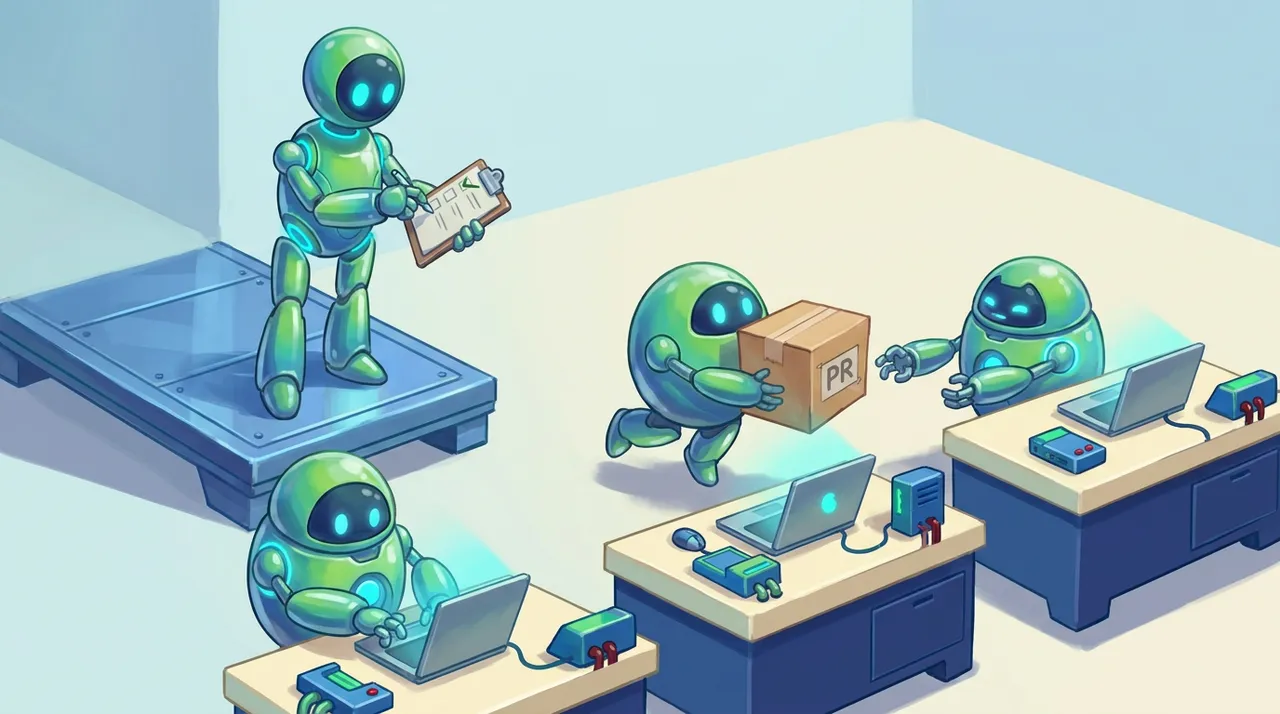 Supervisor robot with a clipboard watching coding robots hand off a PR box between workbenches