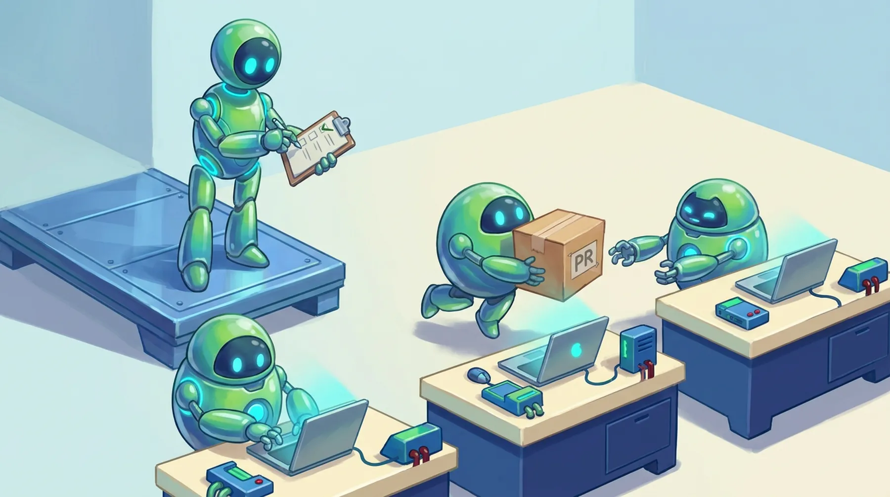 Supervisor robot with a clipboard watching coding robots hand off a PR box between workbenches