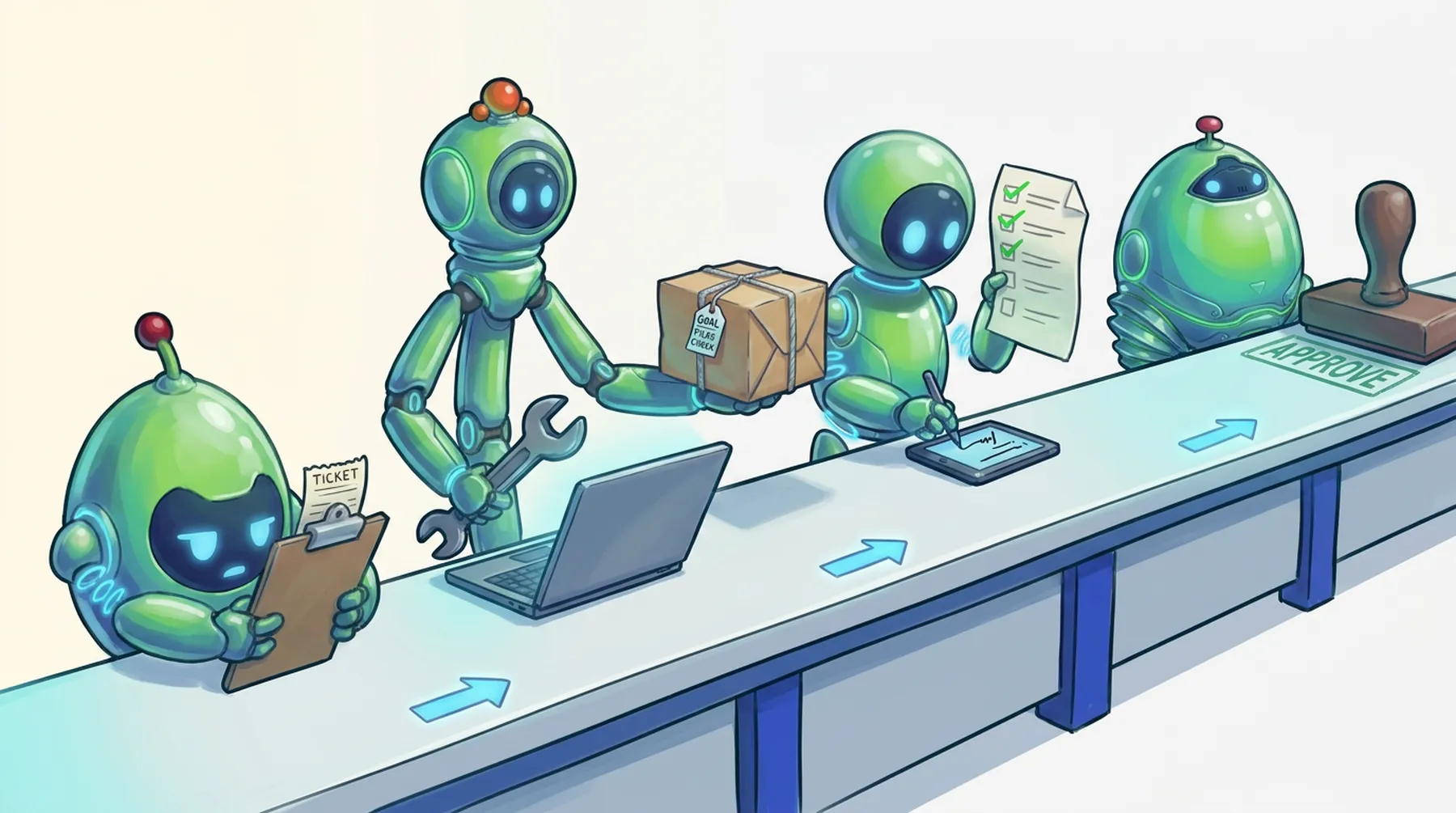 Four BAND robots at stations along a workbench, one handing a tagged parcel to the next, which signs for it on a tablet