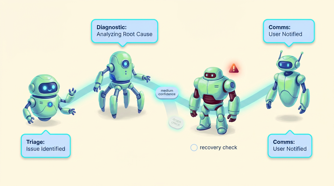 Illustrated multi-agent handoff sequence where triage, diagnostic, remediation, and communications agents lose a recovery check despite medium confidence.