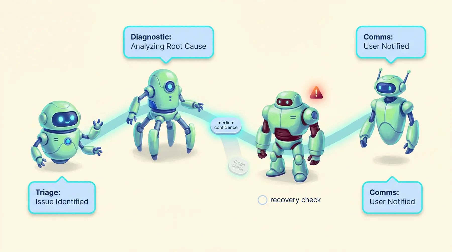 Illustrated multi-agent handoff sequence where triage, diagnostic, remediation, and communications agents lose a recovery check despite medium confidence.