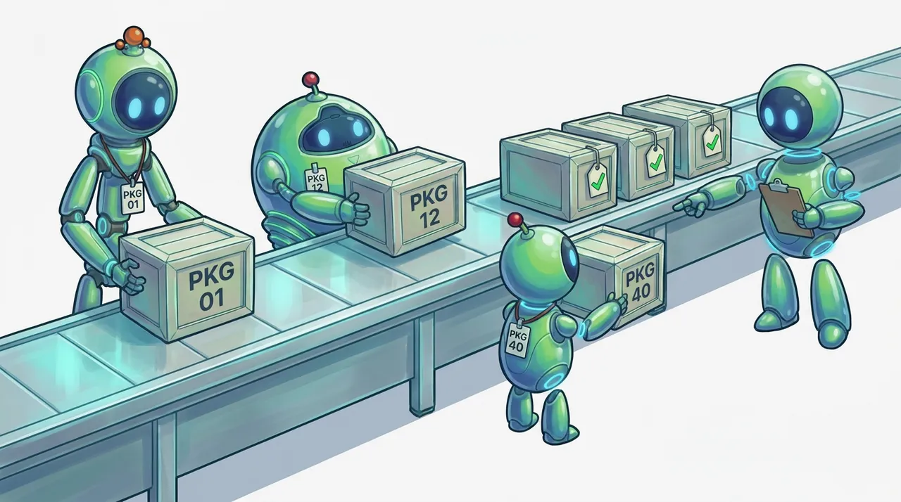 BAND robots at a conveyor workbench, each carrying its own labeled package crate while a coordinator robot with a clipboard points to the next one