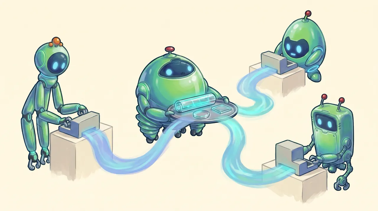 Four BAND robot agents coordinate coding work through a shared central relay.