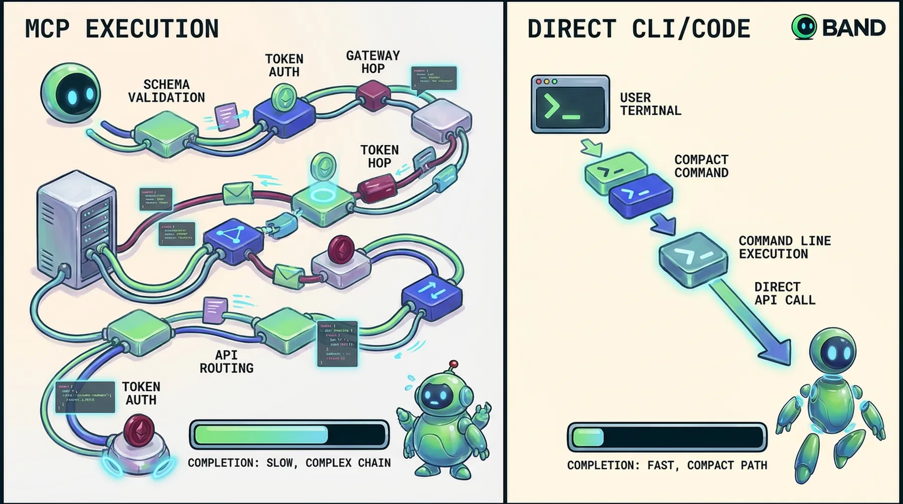 Comparison visual showing a bloated MCP execution path beside a shorter direct CLI or code path.