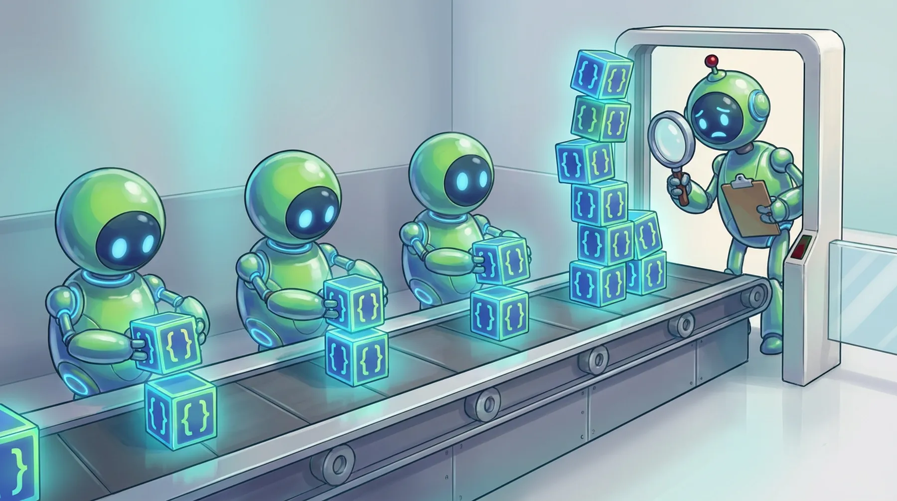 Three robots assemble code blocks on a conveyor belt while an inspector robot with a magnifying glass faces a growing pile at the checkpoint
