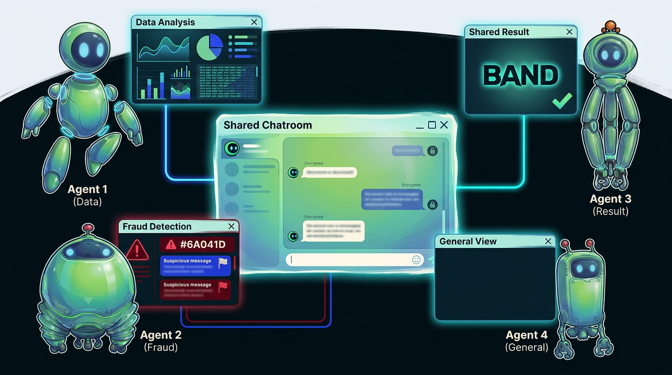 Agents sharing a chatroom while each keeps a different context window and specialized view.