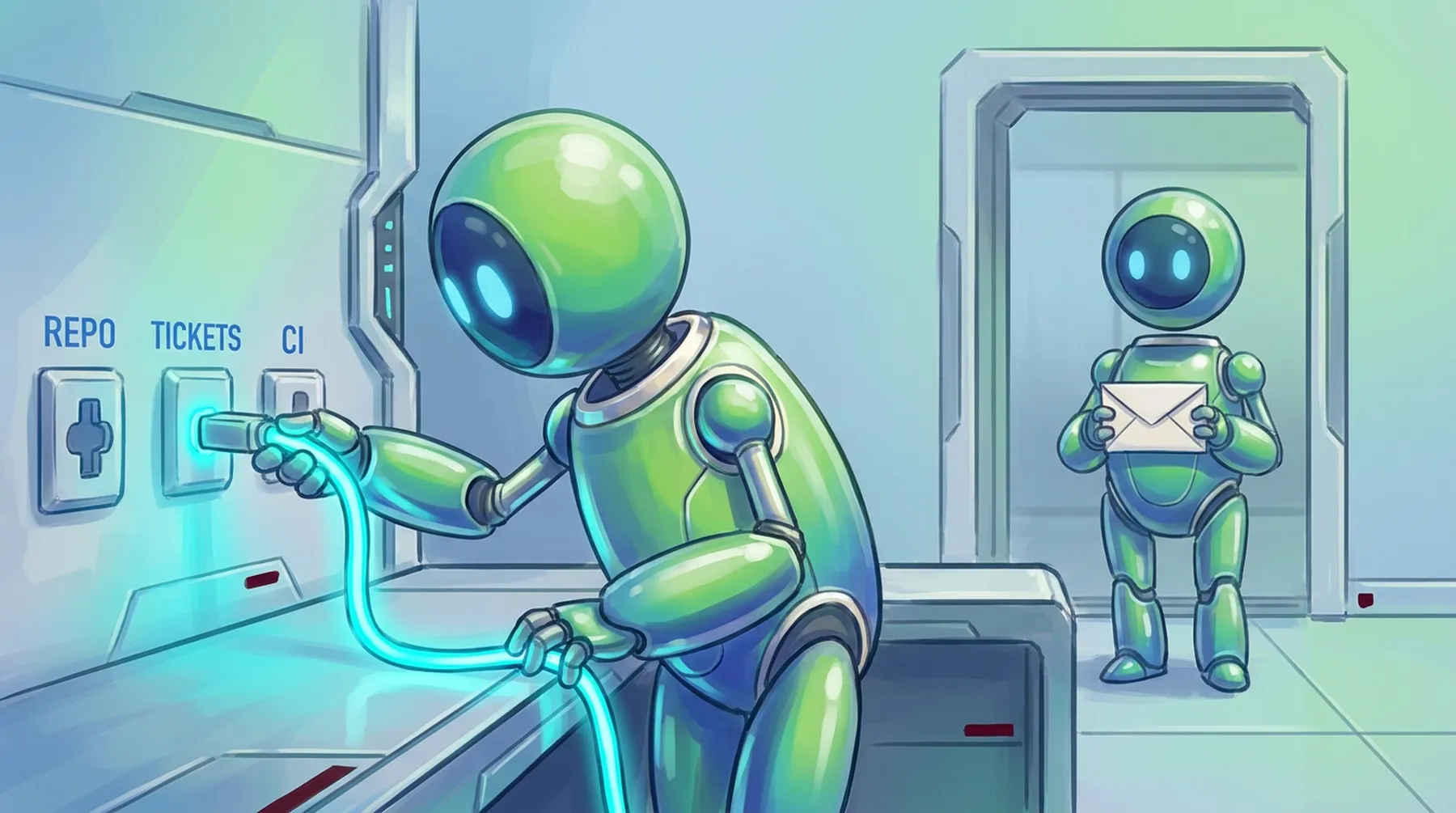 A robot plugs a glowing cable into labeled Repo, Tickets and CI sockets while a second robot waits in a doorway holding an envelope
