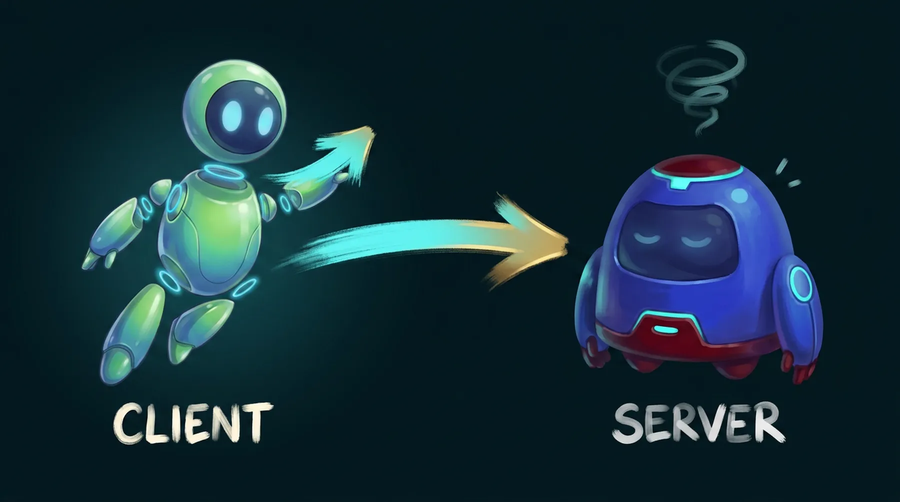 Diagram showing that the client can initiate requests while the server-side agent cannot speak first.