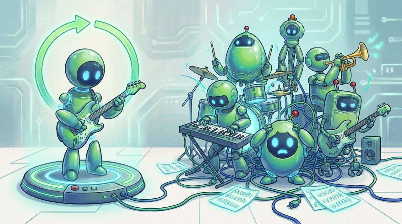 Illustration of a robot musician looping a riff alone next to a tangle of robots playing out of sync.