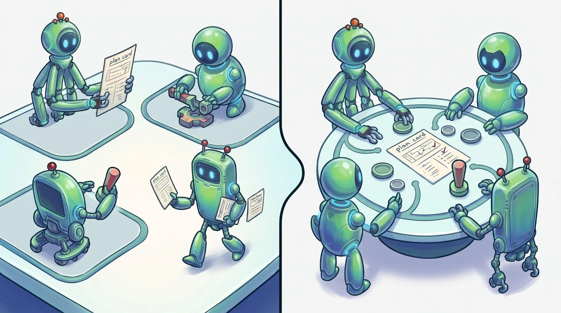 BAND robot agents move from separate work surfaces to a shared planning table in Jam.