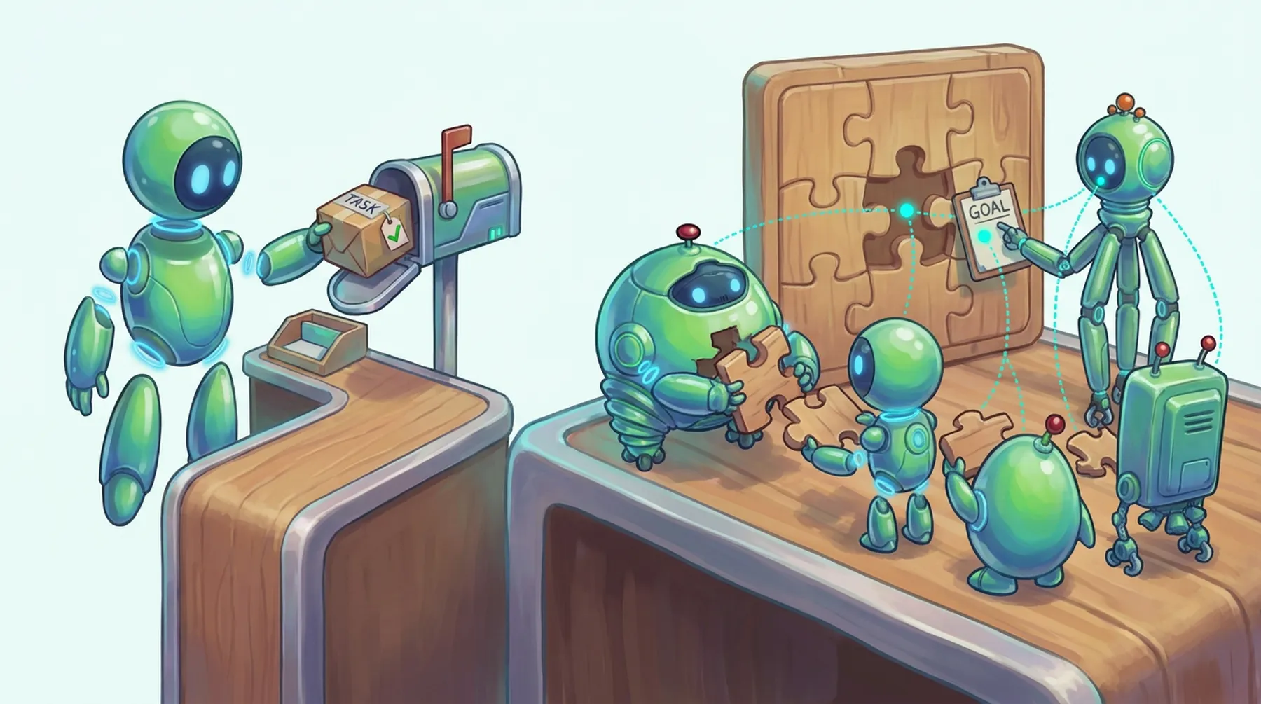 A single robot posts a task parcel into a mailbox while a team of robots assembles a shared puzzle toward one goal