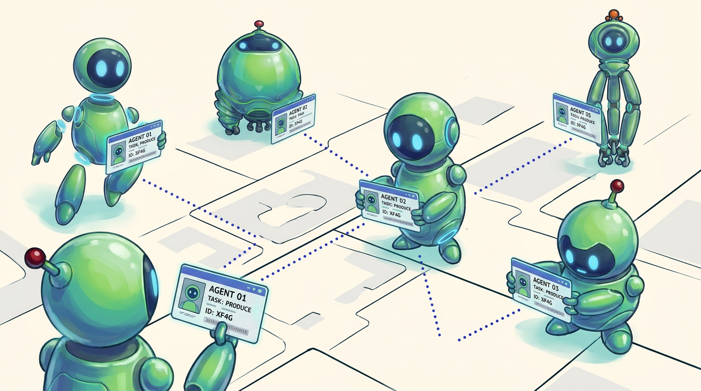 Several agents holding identity and task cards across a sparse map, illustrating agent-to-agent delegation without a shared production fabric.