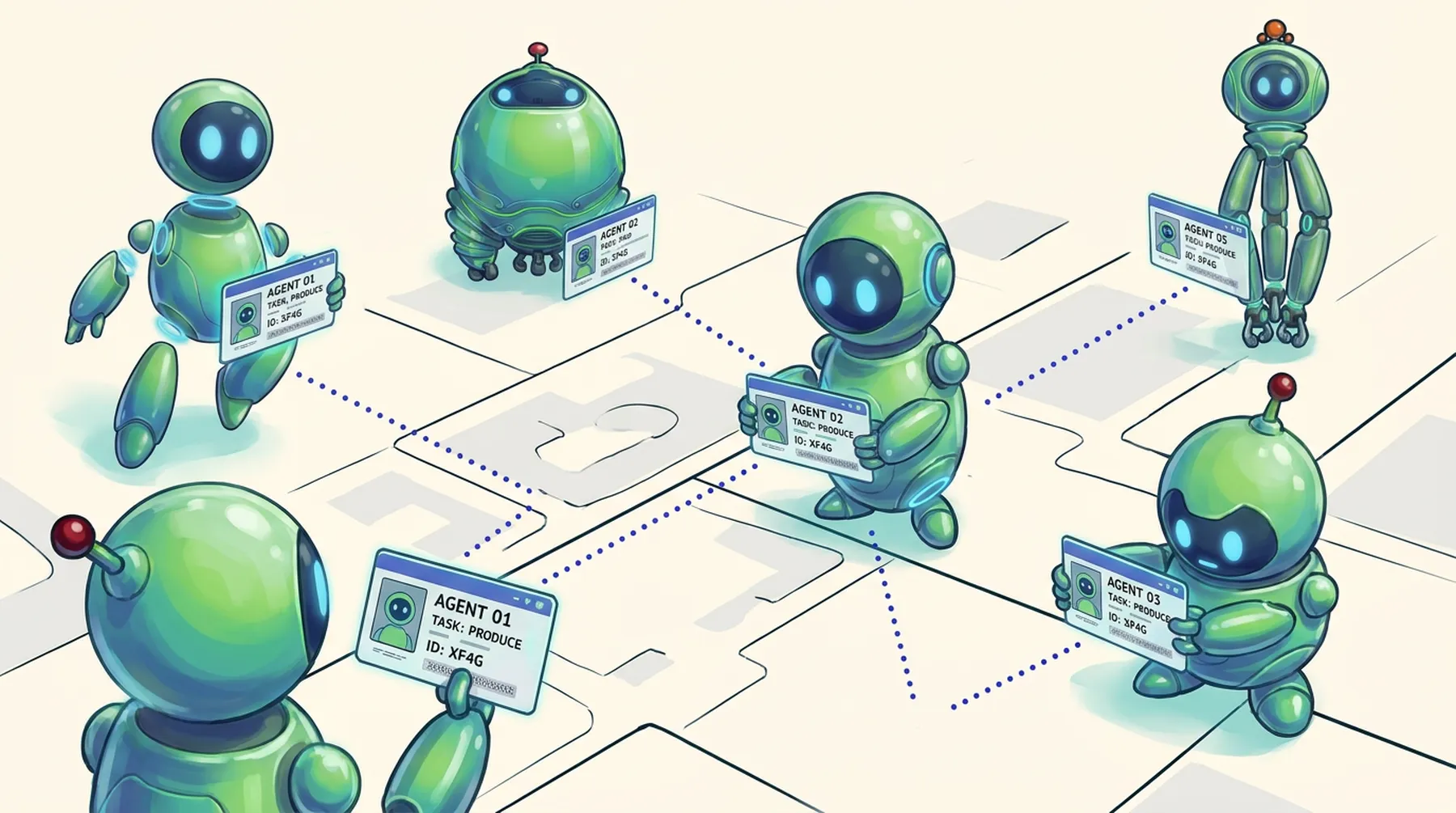 Several agents holding identity and task cards across a sparse map, illustrating agent-to-agent delegation without a shared production fabric.