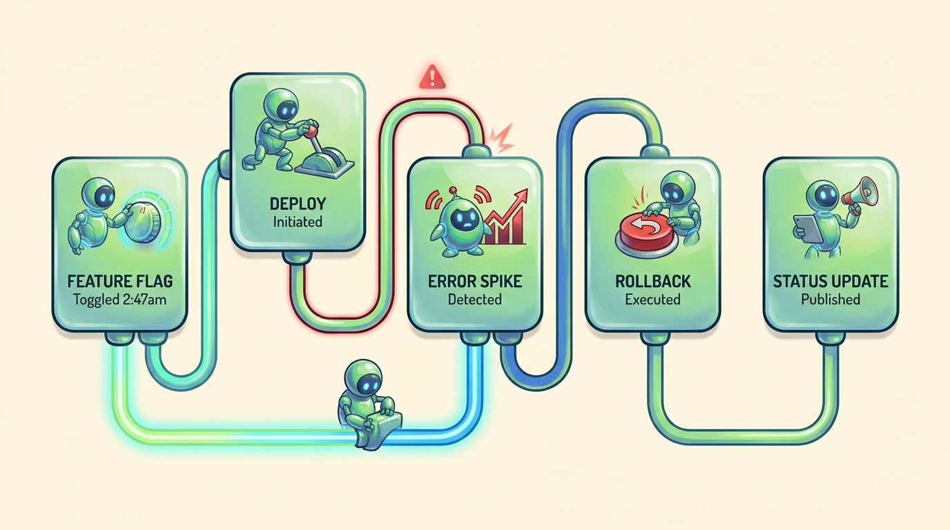 Illustrated incident timeline showing a feature flag toggled at 2:47am, deploy, error spike, rollback, and status update connected by competing signal paths.