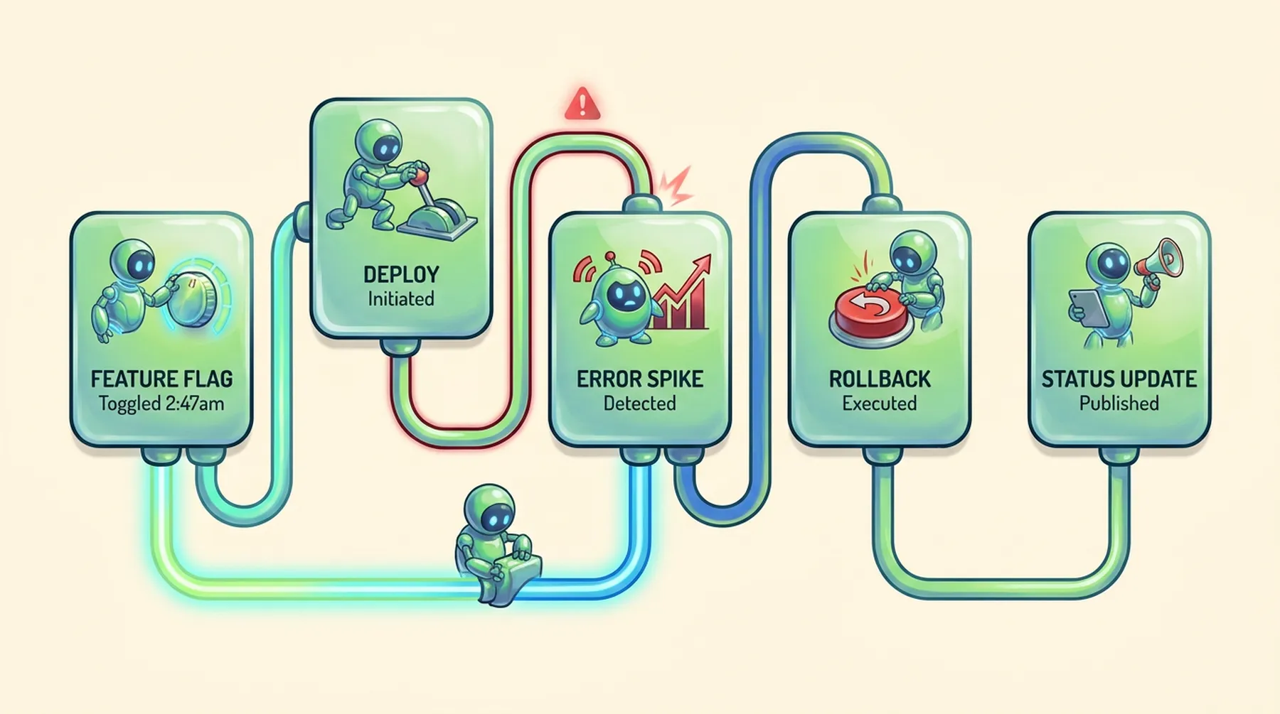 Illustrated incident timeline showing a feature flag toggled at 2:47am, deploy, error spike, rollback, and status update connected by competing signal paths.