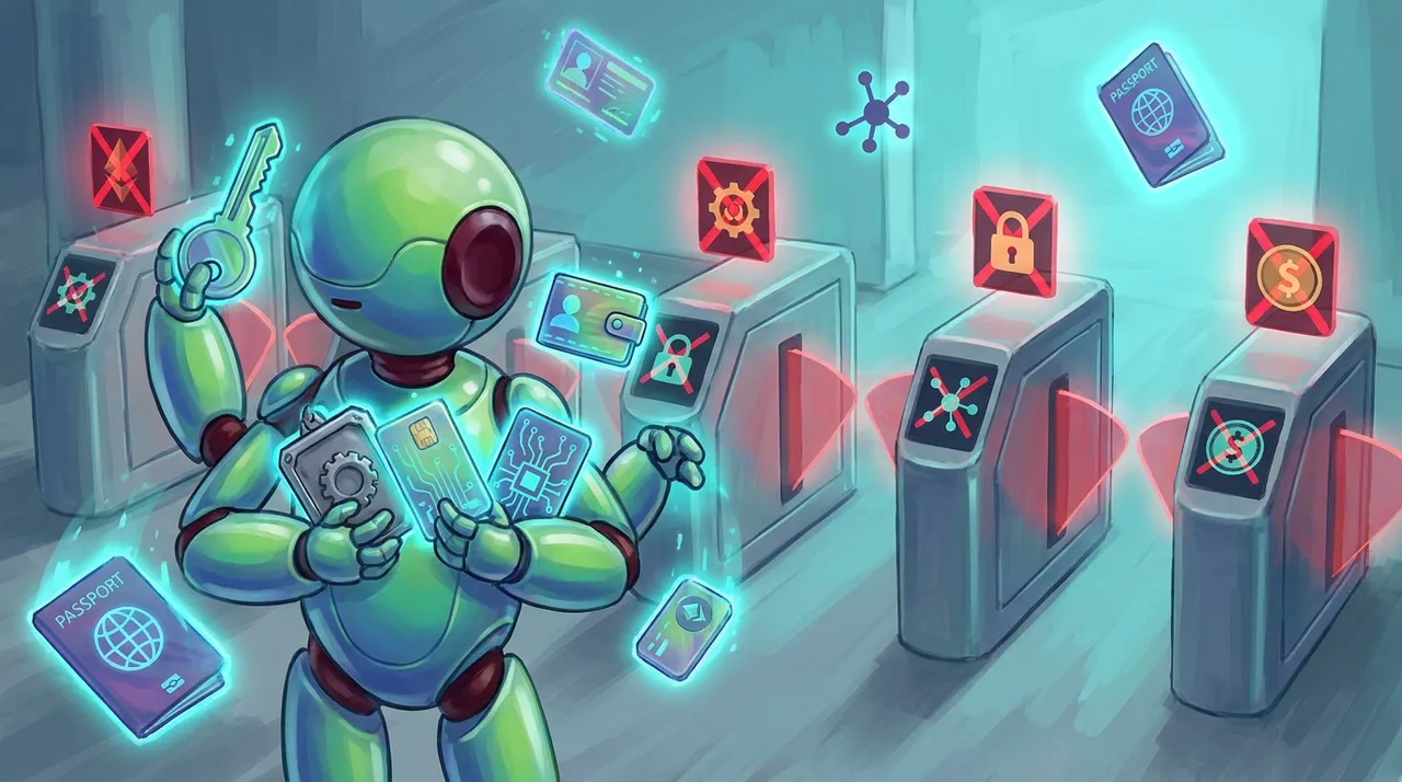 An abstract agent at a checkpoint presenting several incompatible identity credentials, including a key, wallet, enterprise badge, protocol card, and payment token.