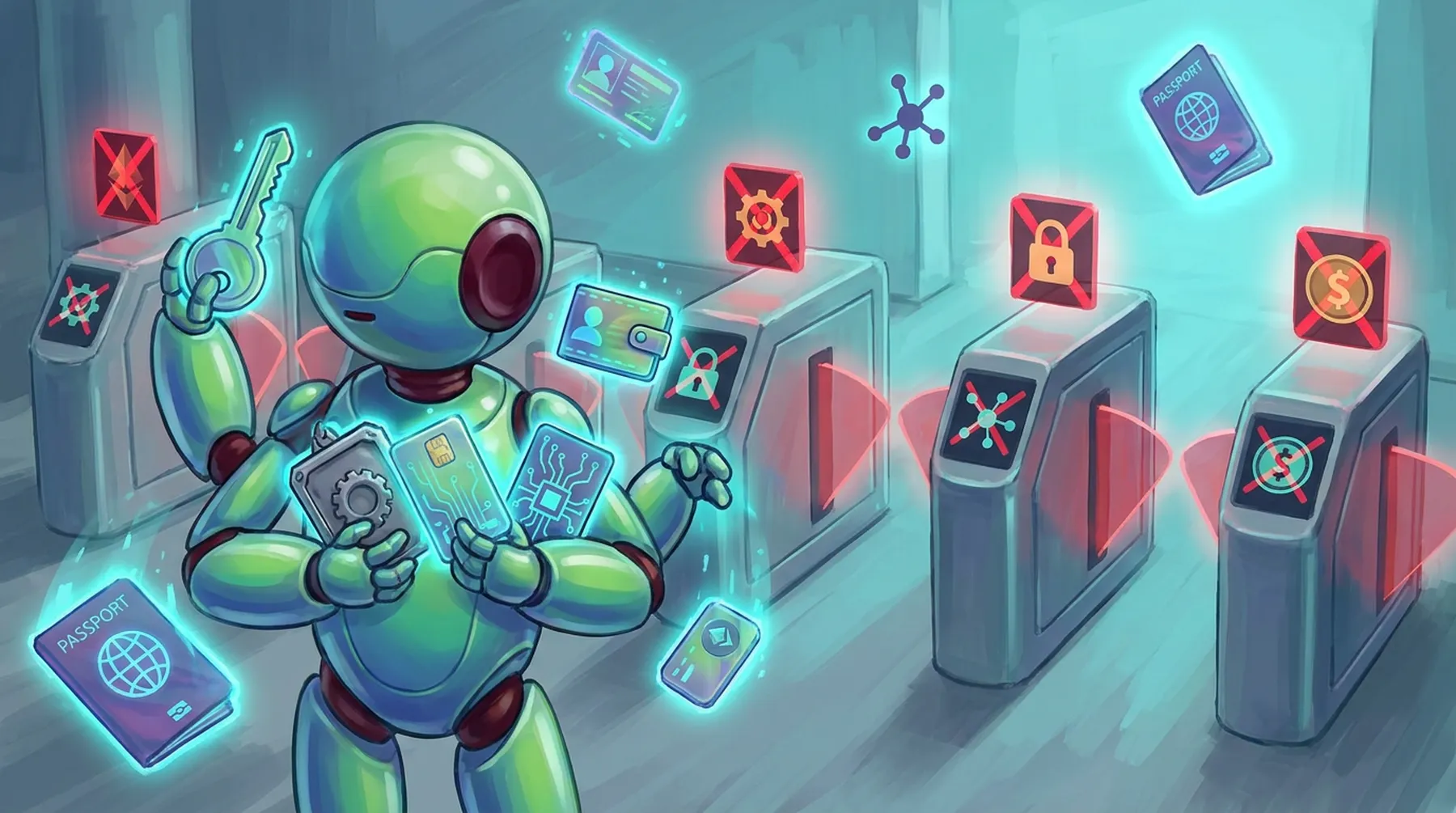 An abstract agent at a checkpoint presenting several incompatible identity credentials, including a key, wallet, enterprise badge, protocol card, and payment token.
