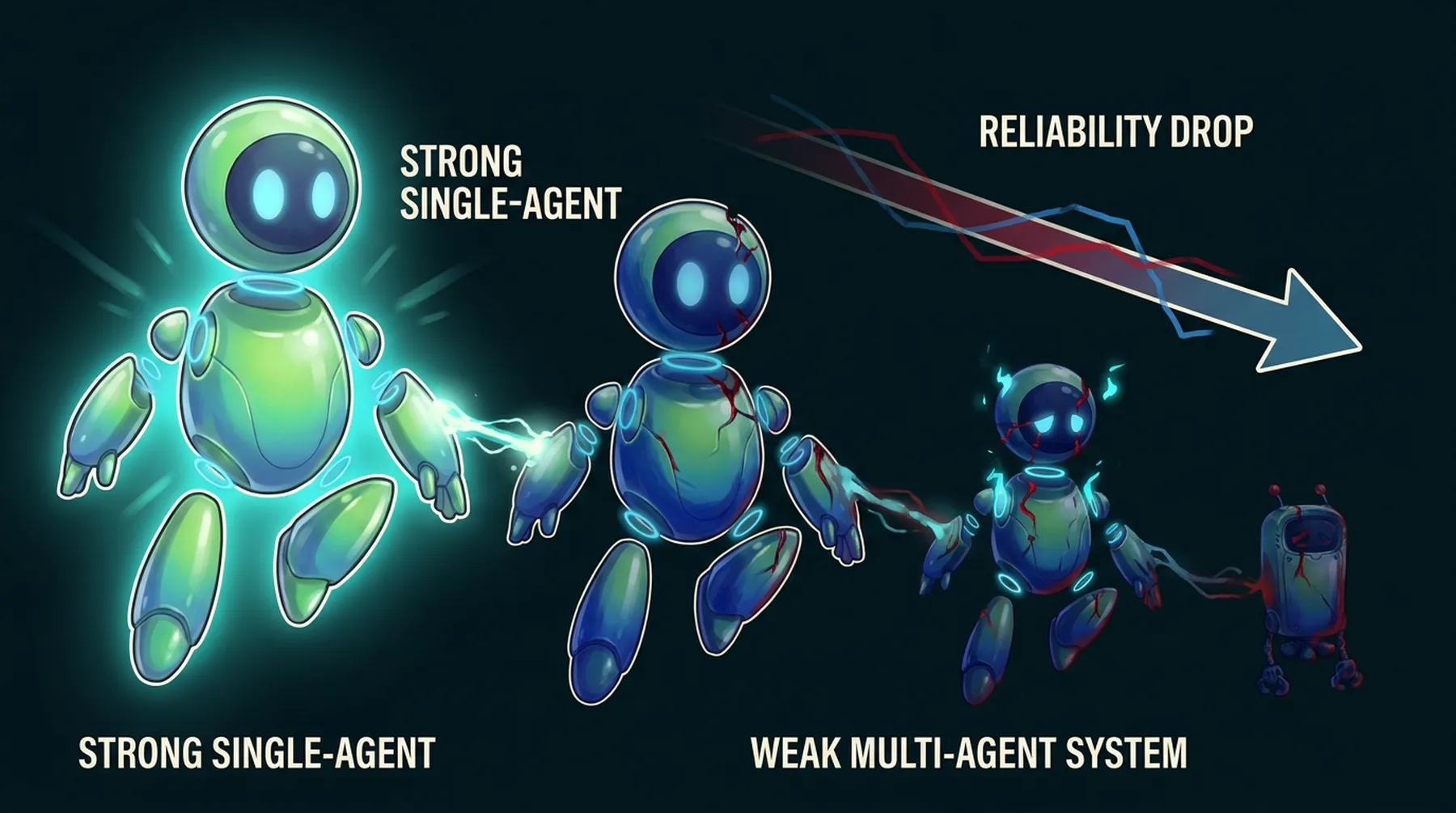 A visual showing strong single-agent reliability degrading into weak multi-agent system reliability as more agents are chained together.