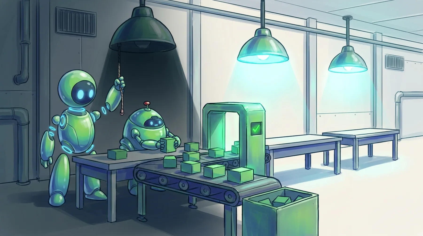 A robot pulls the cord to switch off the lamp over one workbench while a smaller robot keeps assembling blocks that pass through a green-check scanner gate